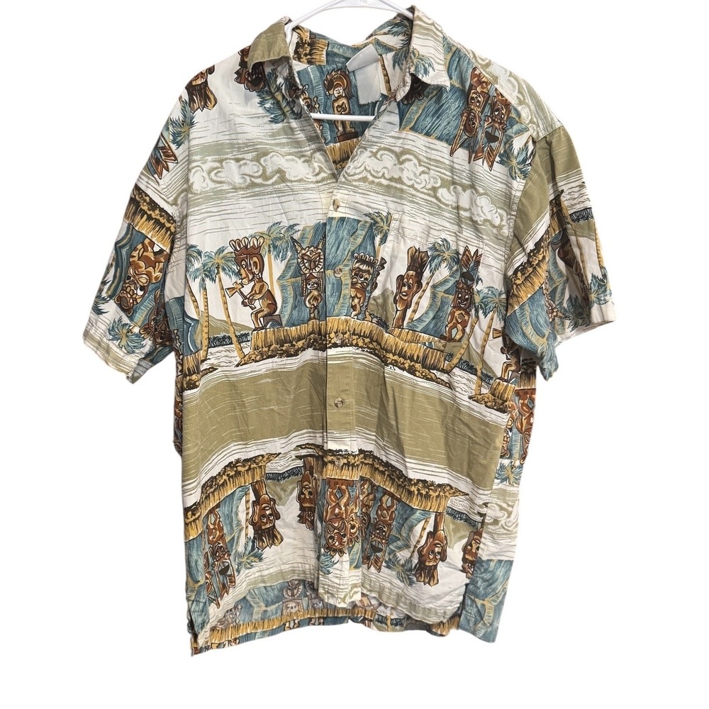 Peppermint Bay New York Mens Aloha‎ Shirt XL Tiki Totem Pole Beige Blue Vintage